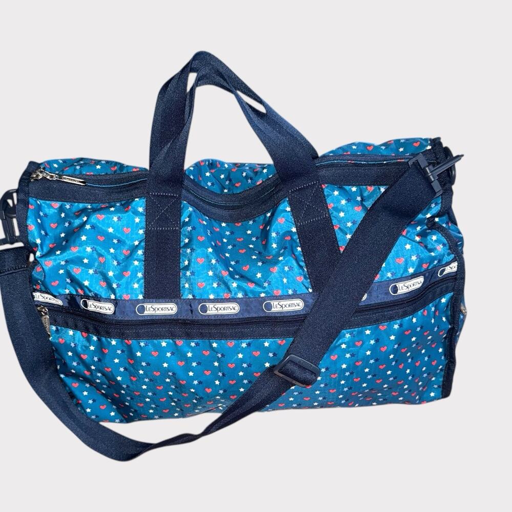 LeSportsac Large Weekender Travel Duffle Carry On Bag Stargazer Heart Blue Pink